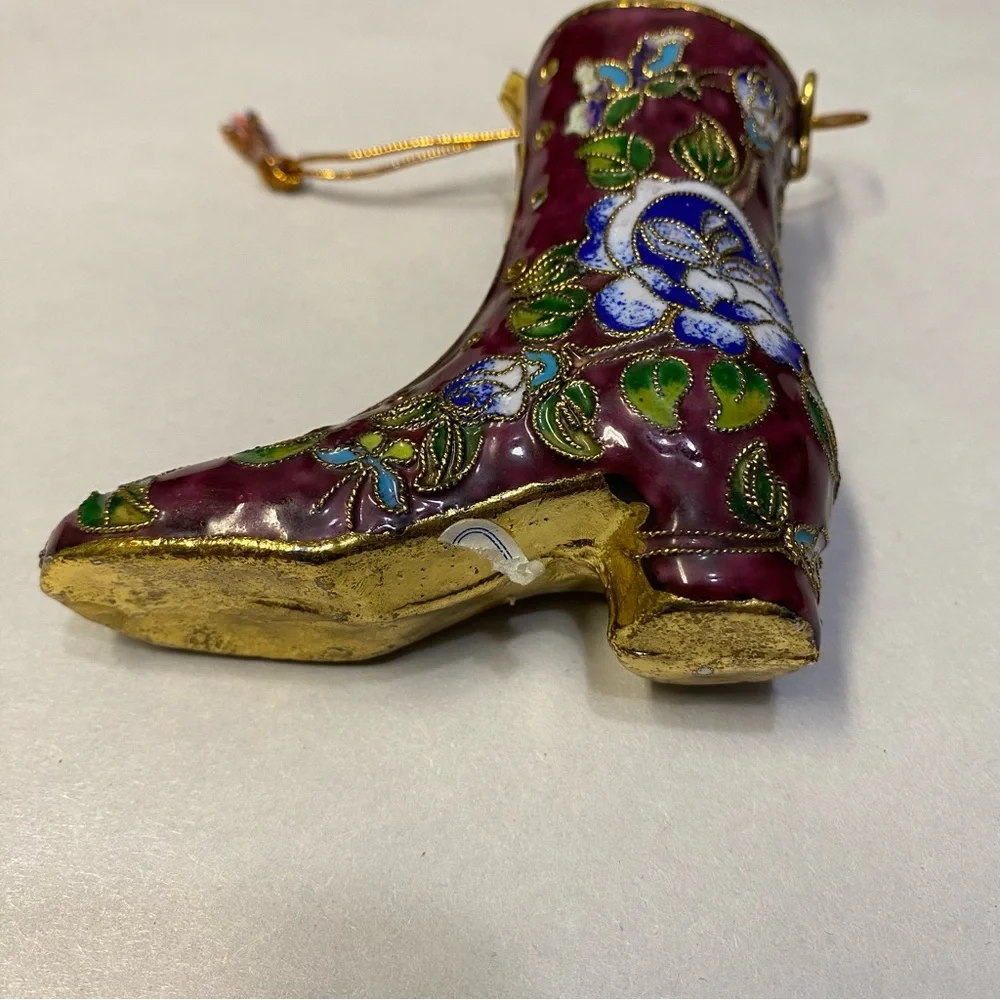 Vintage Cloisonné Shoe Boot Figurine Ornament Enamel Floral Decorative